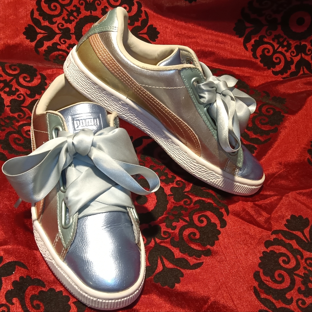 Puma Basket heart satin bow lace irredescent shine sneakers